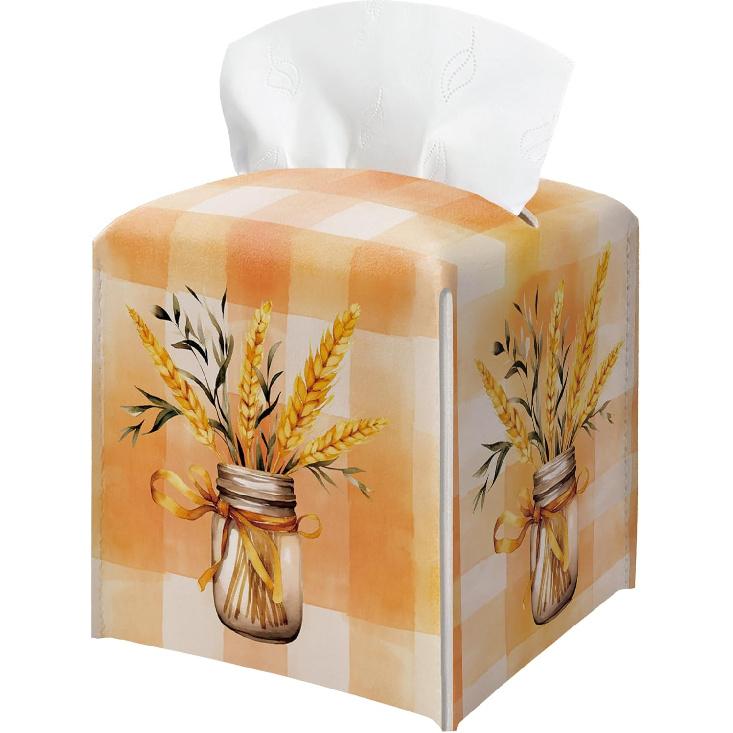 Floral Tissue Box Holder, Fall Florals Leather Tissue Box Cover Square, Autumn Facial Paper Organizer Dispenser Toilet Paper Holder for Bathroom