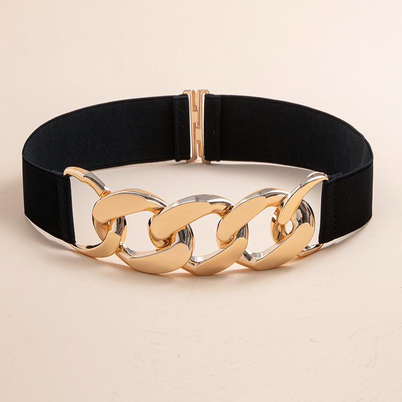 Women's Elastic Metal Chain Waist Cincher Belt - Slimming Stretch with Leather Accents, Black Canvas.