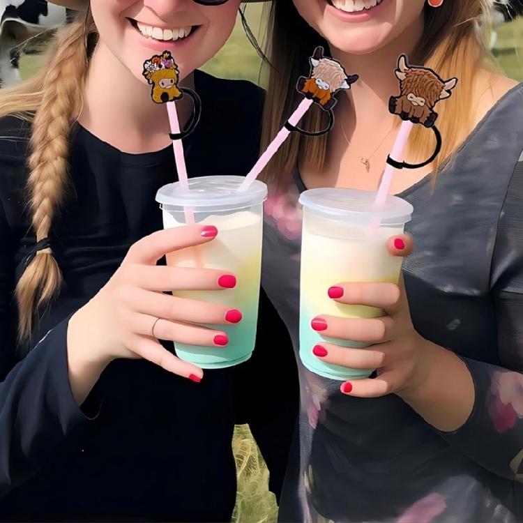 Set of 6 Cartoon Cow Shaped Straw Stopper Cover Adorment Plastic Straw Lid Drinkware Straws Tips Cover Cup Accessories