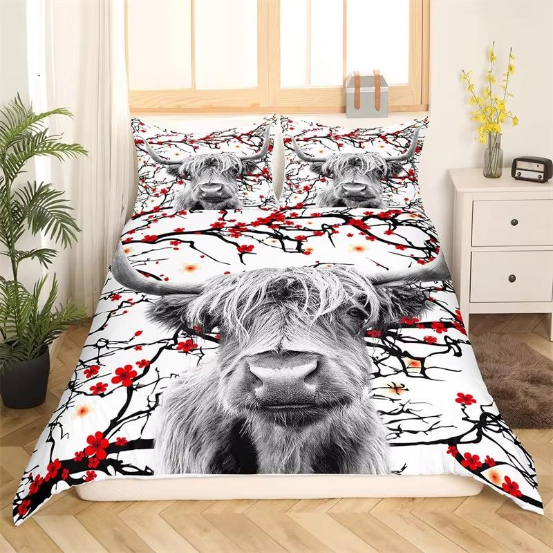Kids Highland Cattle Flower Duvet Cover Set Farm Animal Bull Cow Comforter Cover Microfiber Western Cowboy Twin King Bedding Set