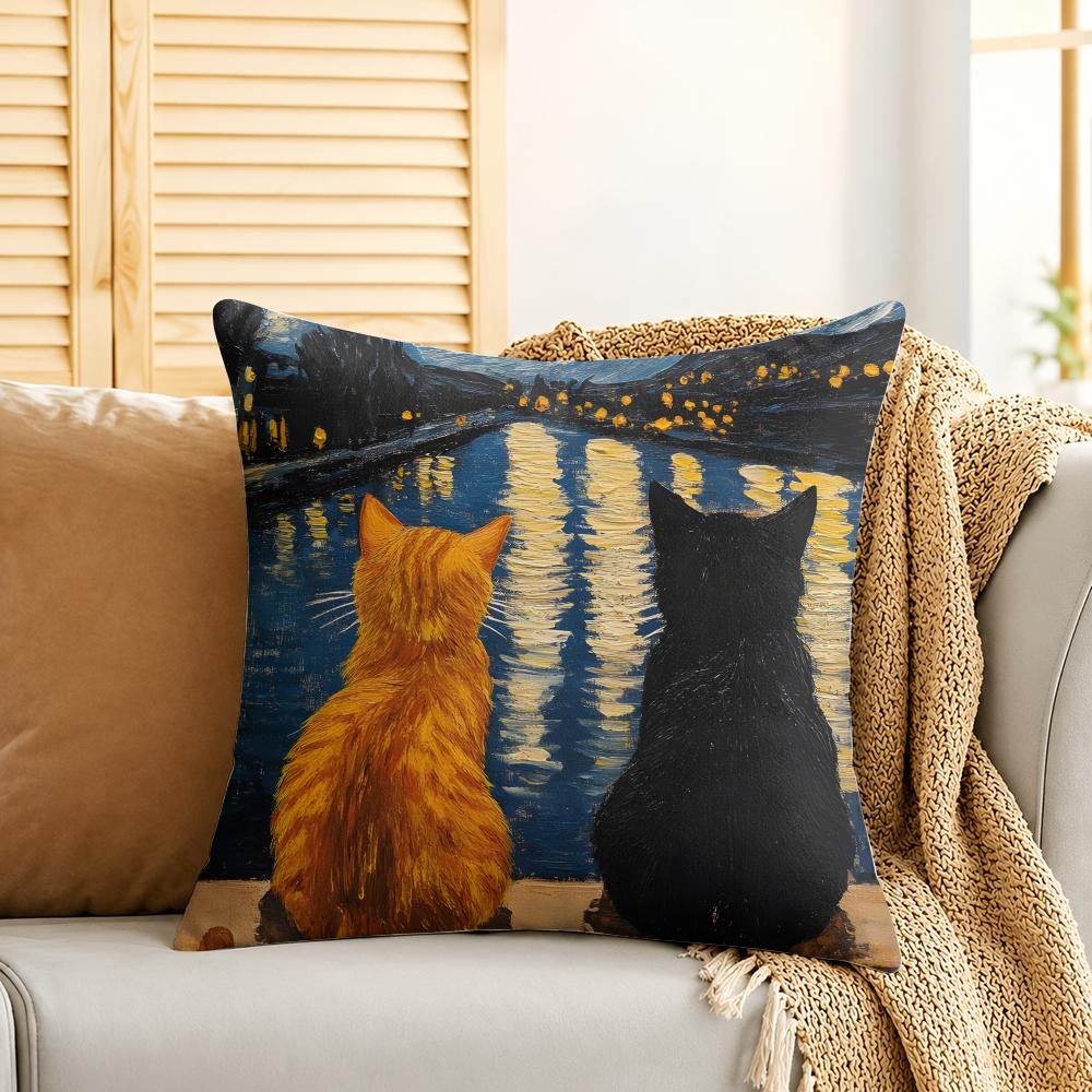 Cat Starry Sky Van Gogh Cushion Cover Silky Short Plush Invisible Zipper Dustproof Sofa Pillow Case For Home Decor