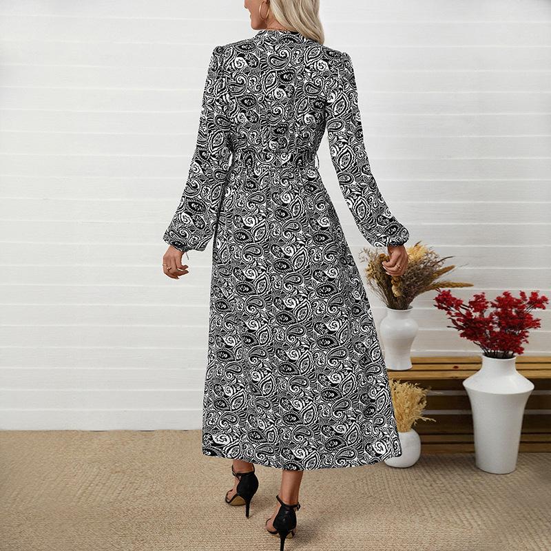 Abiti casual da donna primavera autunno, a blocchi di colore, a maniche lunghe, con scollo a V e vita alta