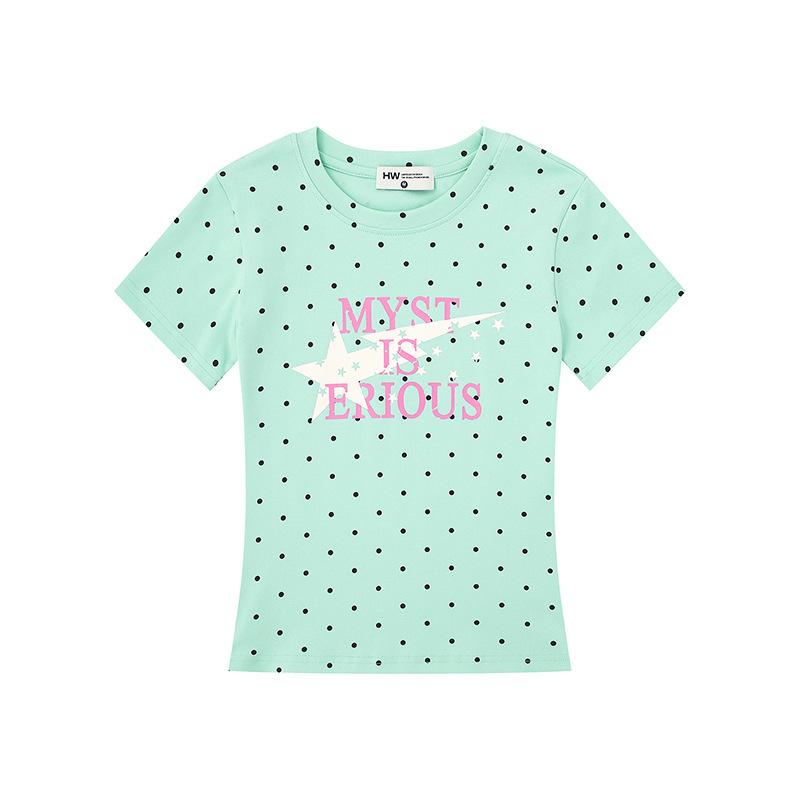 American polka dot letter printing front shoulder short sleeve women's summer new slim and thin casual T-shirt top