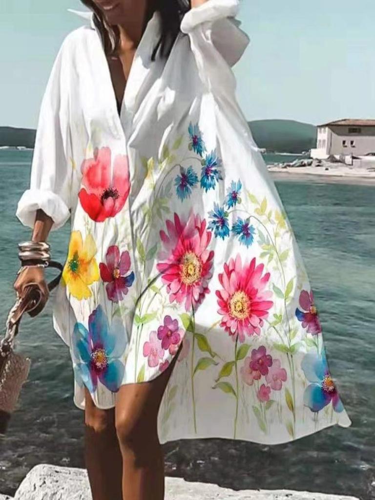 Summer New Casual Printed Dresses Women Loose Waist Long Sleeve Shirt Dresses