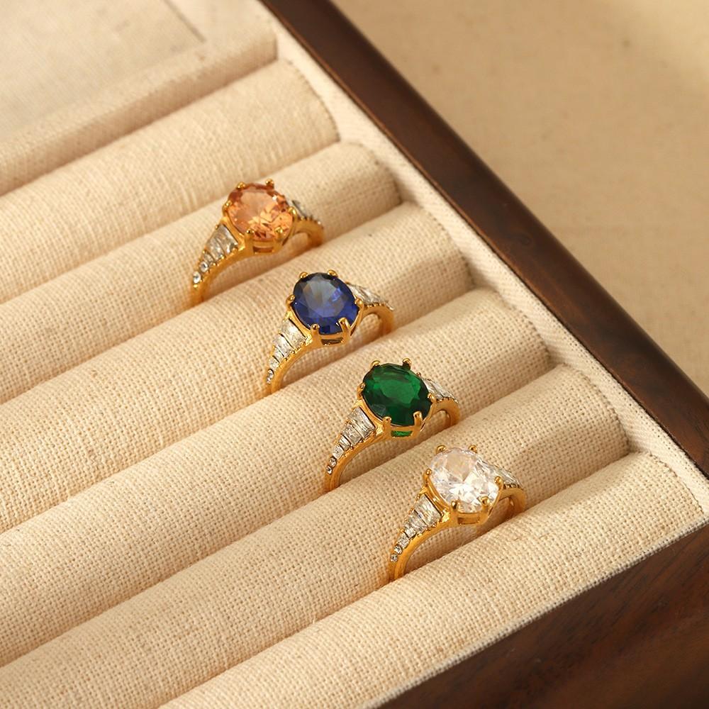 European and American Ins Light Luxury Oval Zircon Adjustable Ring Stainless Steel Electroplating 18K Gold Waterproof Jewelry Women