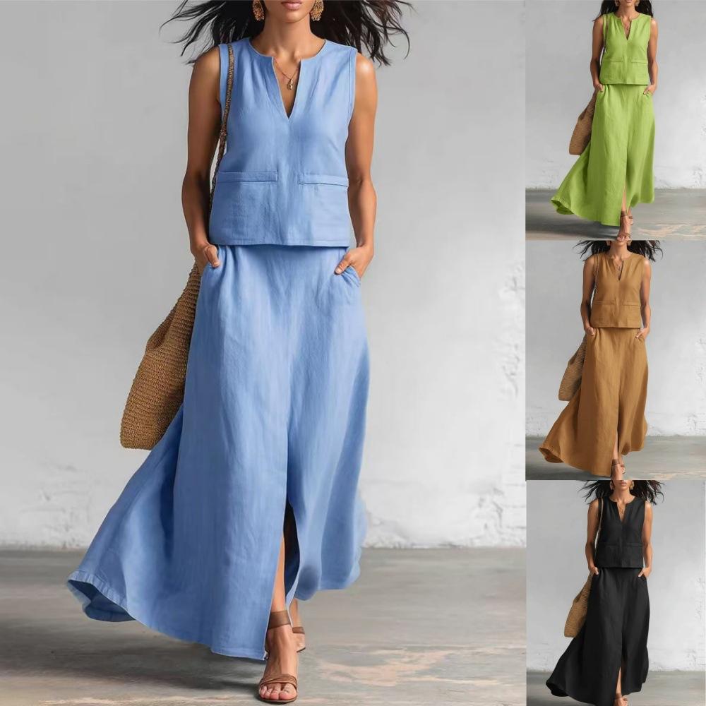 Women's Relaxed Fit Skirt Suit Sleeveless V Neck Tank Top Mid Waist Split Maxi Skirt Linen Blend Matching Two Piece Outfit