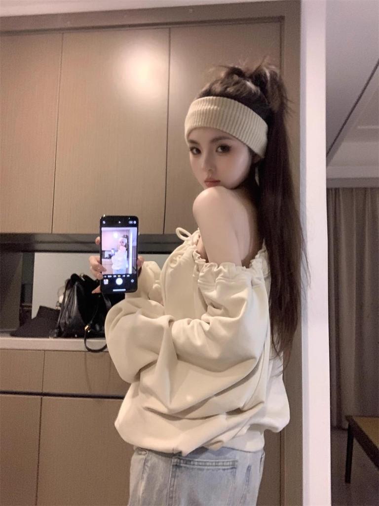 Koreanischer Stil Off-Shoulder Langarm Casual Sweatshirt für Damen - Frühling, Herbst, Winter Trend