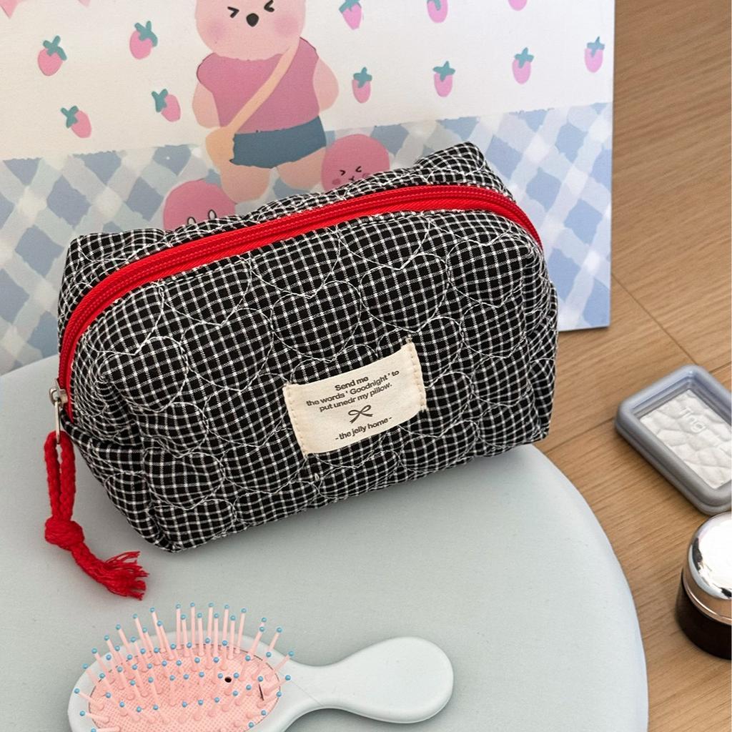 Gesteppte Herz karierte Kosmetiktaschen für Damen Make-up-Etui Große Kapazität Damen Reise-Aufbewahrungstasche Lässige Mädchen Handtasche Clutch-Geldbörse