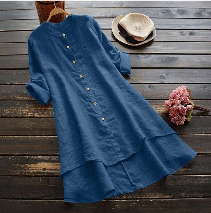Women's Spring Solid Cotton Linen Shirt Dress Ladies Loose Dress Long Blouse Plus Size Clothes Clothing