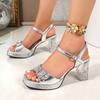 Fashion Crystal Buckle High Heels Sandals Women Gold Silver Pu Leather Square Toe Party Shoes Ankle Buckle Strange Heels Platform Sandls