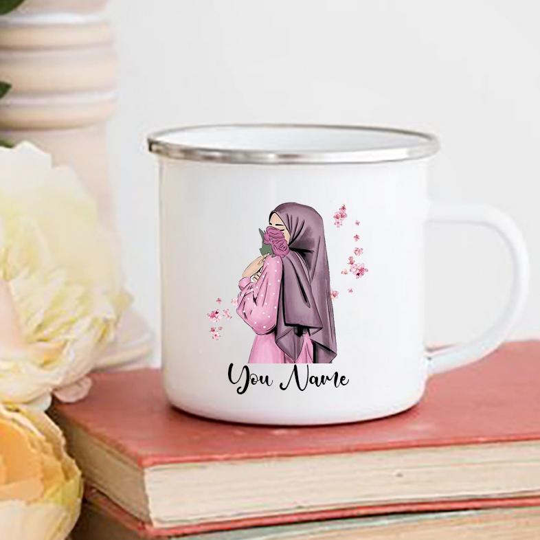 Personalised Hijabi Girl Printed Mug Coffee Cups Drinks Water Cup Muslim Girls Custom Name Enamel Handle Mugs Handle Eid Gifts