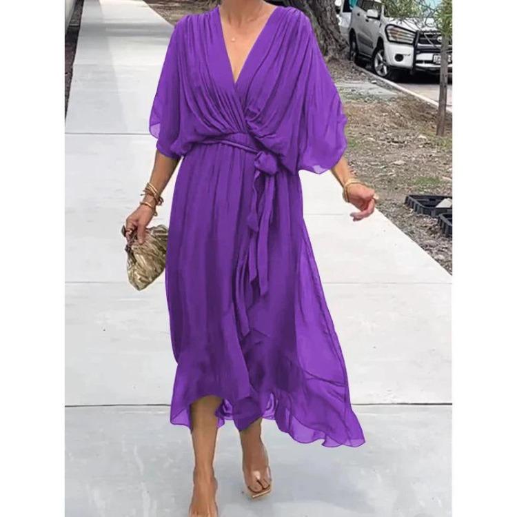 Plus Size Women Long Dress with Batwing Sleeves Solid Color Lace Up and Irregular Hem
