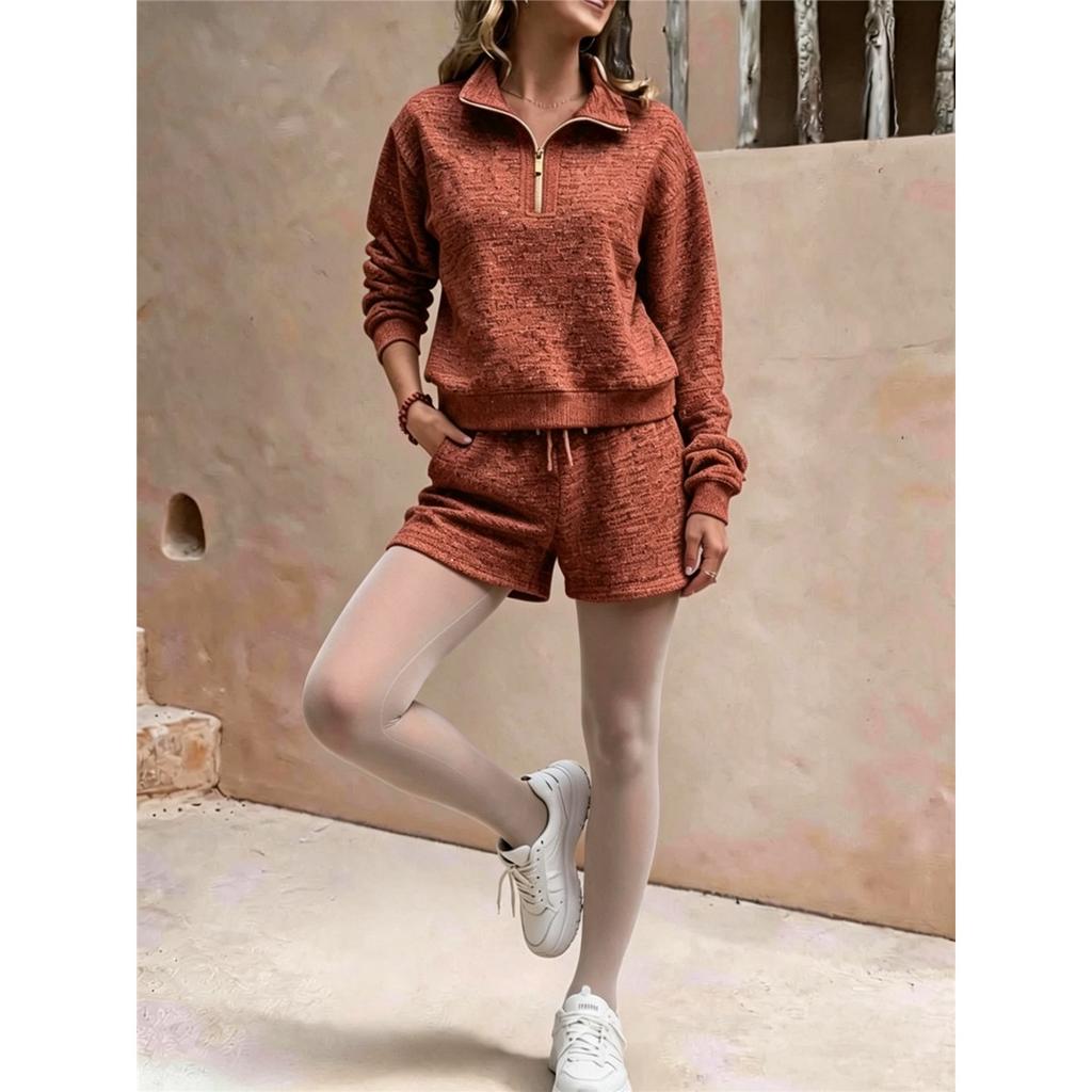 Women Half Zip Long Sleeve Sweatshirt And Shorts Set Casual Two‑Piece Outfit Drawstring Short Pants Tracksuit