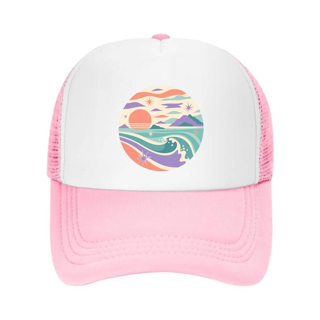 Pastel Coastal Sunset Wave Emblem Mesh Baseball Cap Casual Hat Outdoor For Womens Unisex FeUnisex