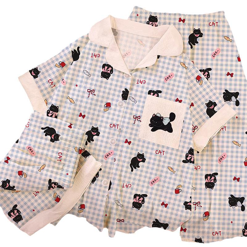 Little Black Cat Bow Cloud Cotton Pajamas Women'S Summer Short-Sleeved Three-Piece Set Cute Plaid Loungewear