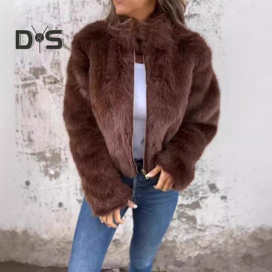 Jachetă de iarnă pentru femei, groasă de blană artificială, reținere a căldurii, guler înalt, culoare solidă, mâneci lungi, stil de lux, acasă, petrecere, birou, club, haină de vacanță