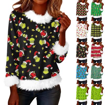 Damen Modisches Weihnachten Bedrucktes Rundhals Langarm Casual Pullover T-Shirt Top