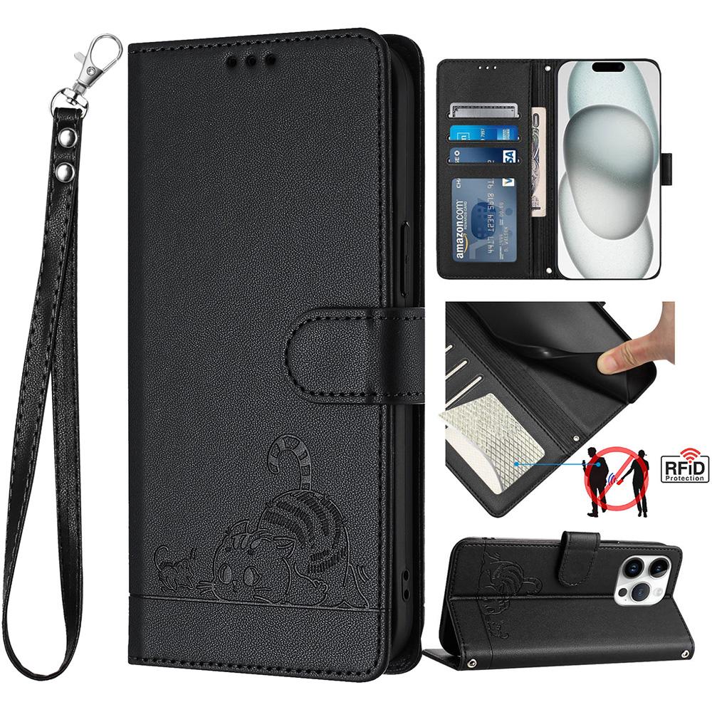 

Кожаный чехол-книжка-кошелек с мультяшным котом для iPhone 16, 15, 14, 13, 12, 11 Pro Max XS MAX XR 8 7 Samsung S24 S23 S22 S21 S20 Ultra Plus A14 A13 A53 A54 iPhone 6/6S/7/8/SE 2020 чёрный