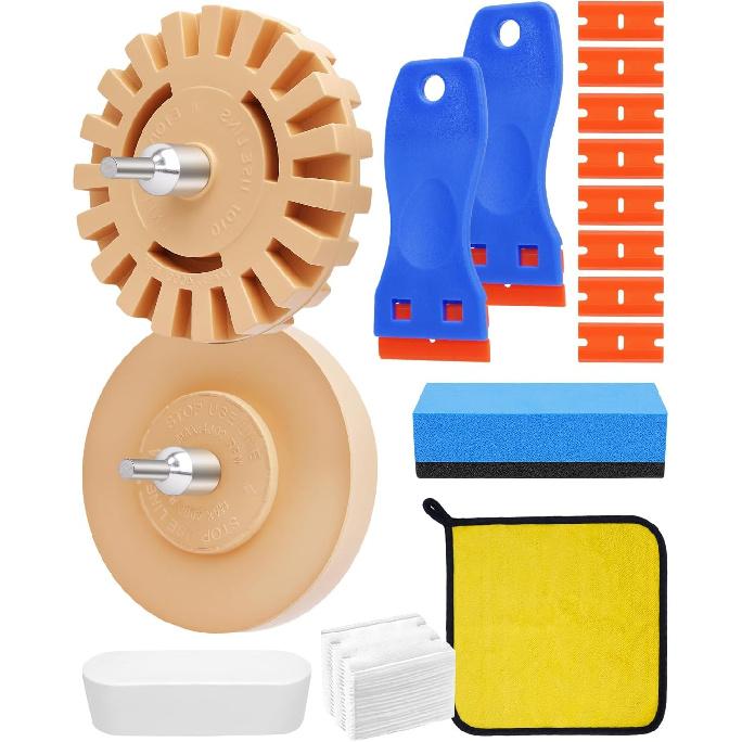 Eraser Wheel for Drill, Sticker Remover Tool for Automotive Car Sticker, Vinyl, Rv, with Plastic Scraper, Scraper Tool, Serrated&Solid Eraser Wheel -
