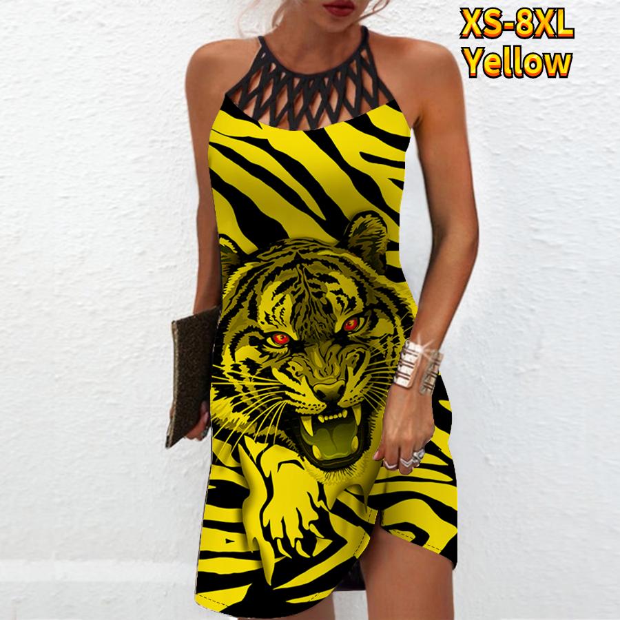 

Летнее модное сексуальное платье без рукавов, мягкое повседневное платье с 3D тигровым принтом, платье на бретельках без рукавов, летнее платье на подтяжках 2XL жёлтый