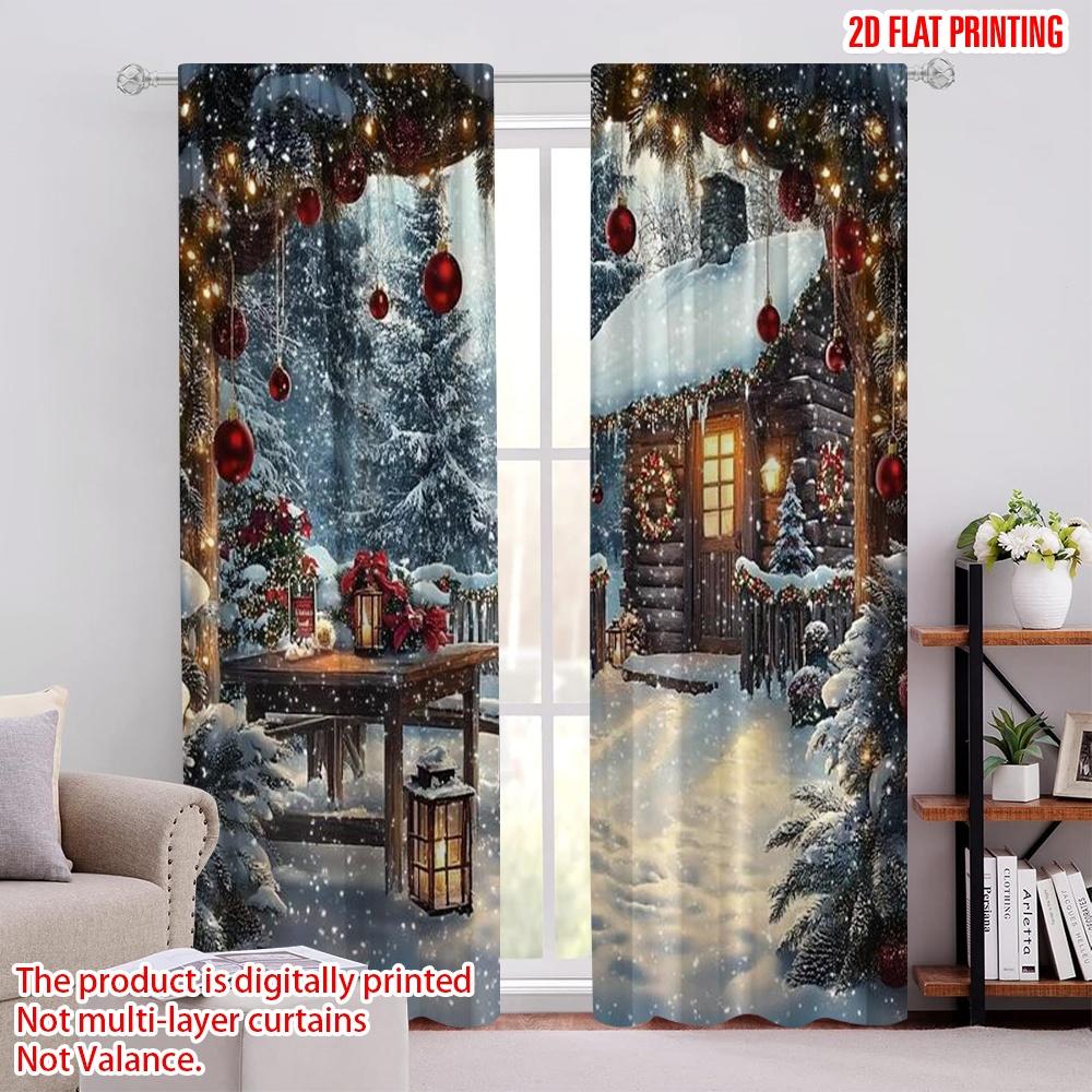 

Set Of 2 Flat Printing Merry Christmas Curtain Polyester Without Electricity Party Holiday Decor Perfect Aesthetic W100*H70(CM)-Hooks&2PCS