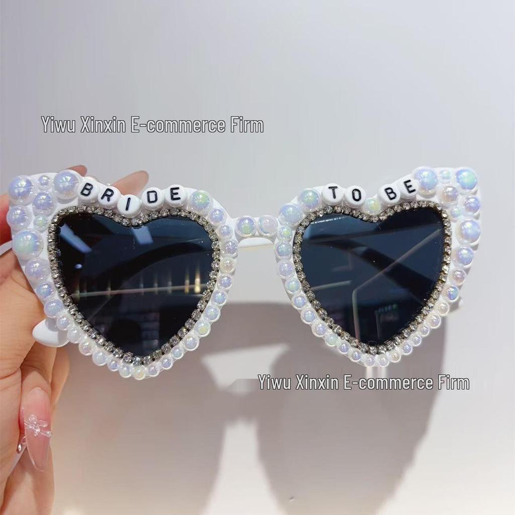 Crystal Heart Bride Sunglasses with Rhinestones & Pearls - Women's Bachelorette Party Accessory