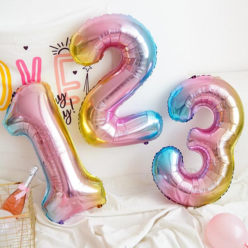Korean Xiaohongshu 30-inch Rainbow Gradient Number Balloons for Children's Birthday Party Photo Decor.