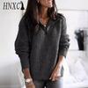 HNXC Women's Fashion Casual Solid Color Print Autumn Winter Long Sleeve Zip Collar Loose Sweaters