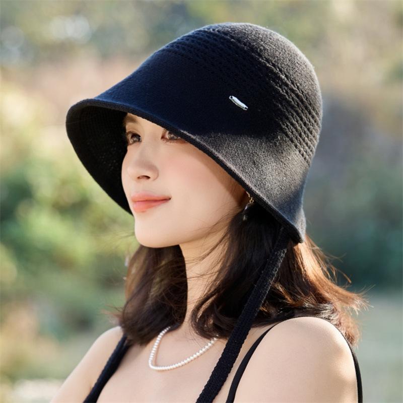 Summer Hollow Knitted Bucket Hat High-End Sun Hat Breathable Sunscreen Basin Hat Versatile Lace-Up Bucket Hat