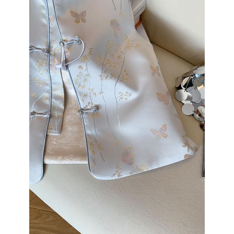 2025 spring new high-end sleeveless top jacquard satin stand-up collar buckle vest women