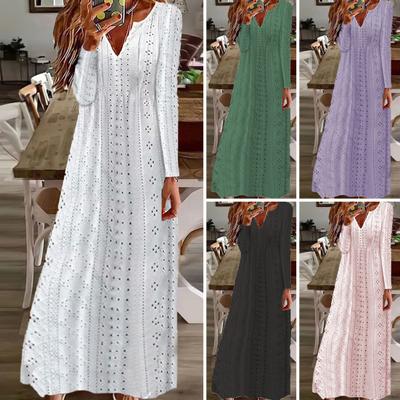 Women Fall Dress V Neck Long Sleeve Hollow Solid Color Loose Ankle Length Soft Breathable Dating Shopping Spring Maxi Dress