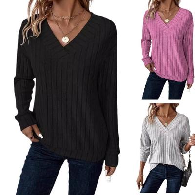 Loose Warm Casual Women's V-Neck Long Sleeve Sweaters Solid Color Stripe Knitwear Female Pullovers Ribbed Autumn Casual Clothing