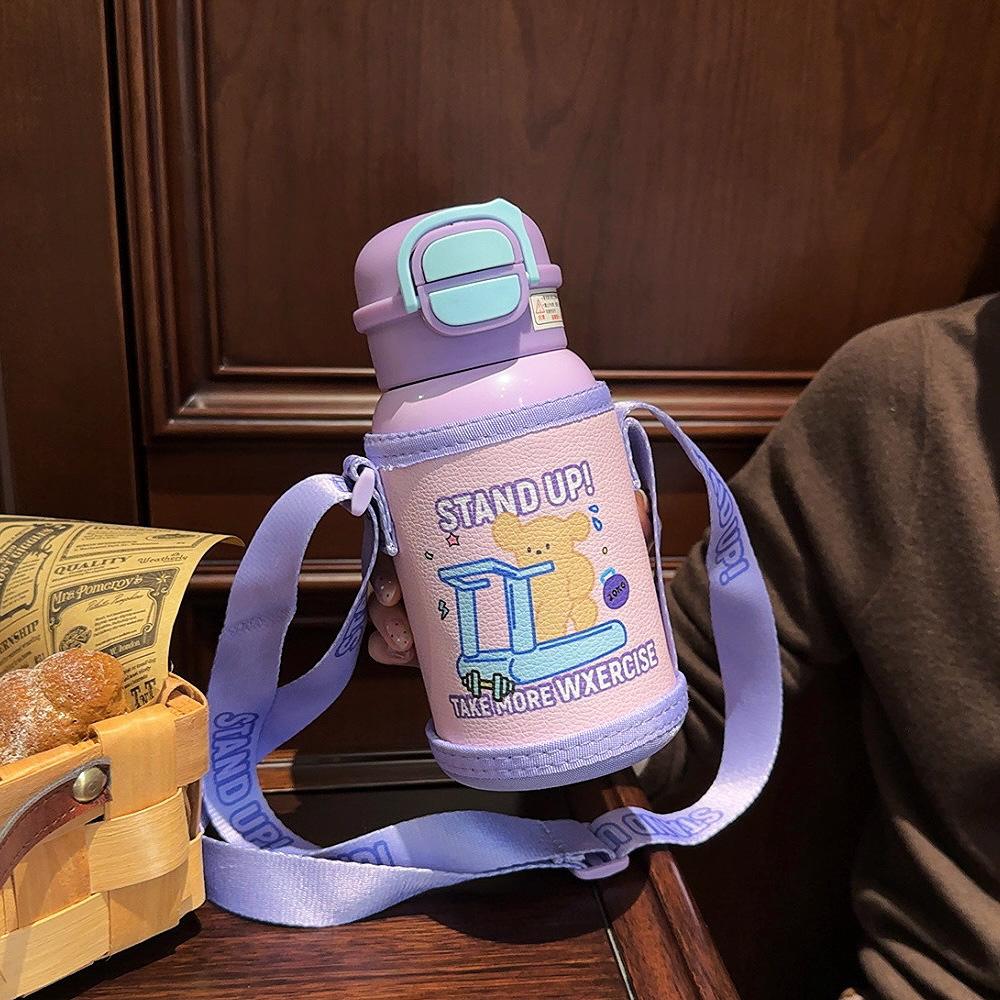 Cartoon cute children's thermos cup with cup cover anti-drop straw water cup vacuum student strap cup exquisite gift