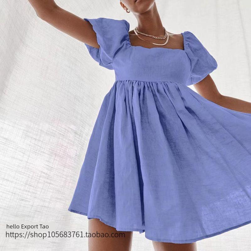 European and American New Sexy Square Collar Puff sleeve Dress Square Neck Bubble Sleeved Dress