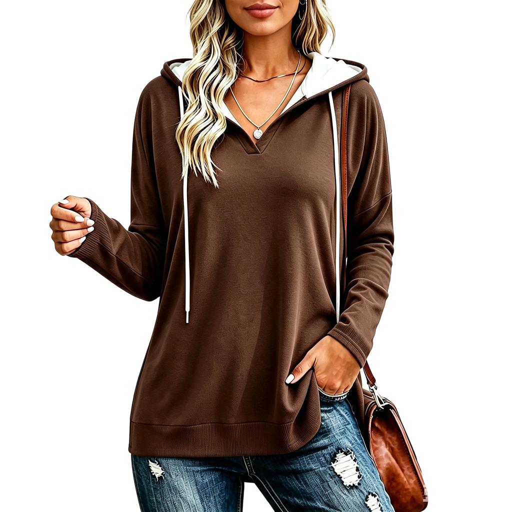 Women's Lightweight V-Neck Long Sleeve Hoodie Casual Pullover