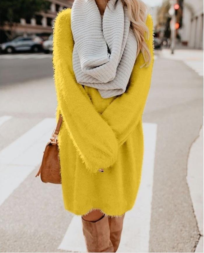 2025 Women's Autumn/Winter Mid-length Long Sleeve Round Neck Loose Plush Dress
