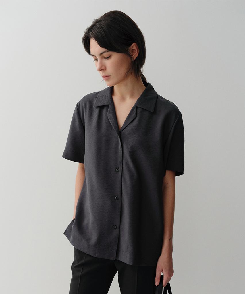 Ia Open Collar Silk Blend Shirt (Navy)