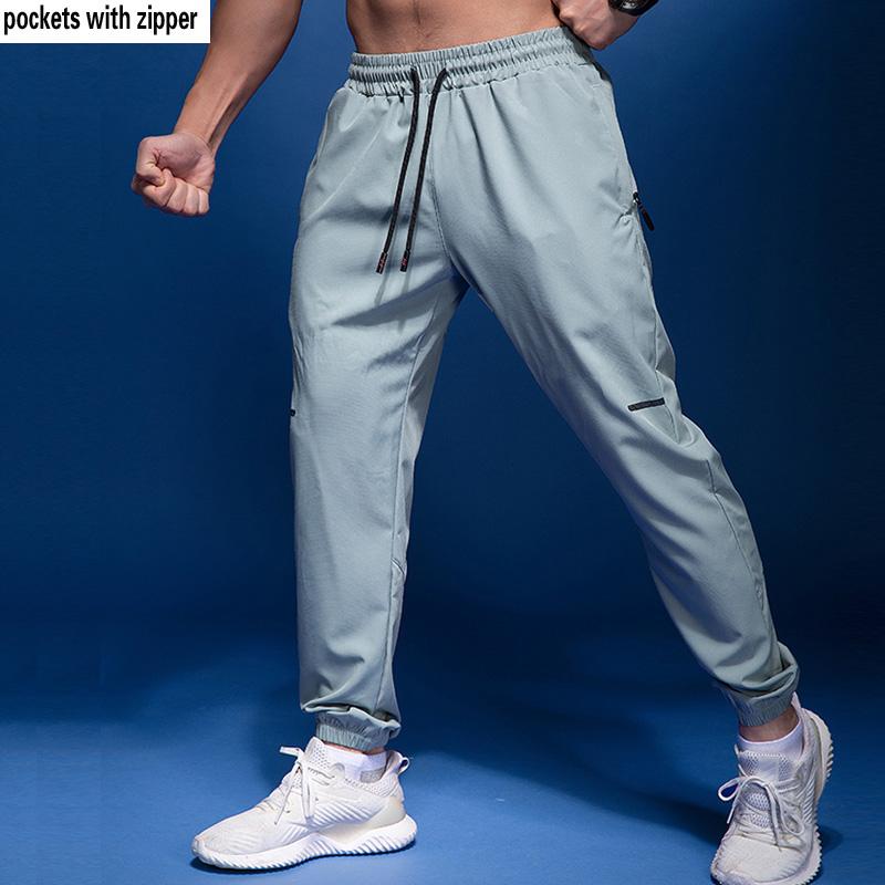 Men's Slim Casual Pants Summer Quick-drying Solid Color Running Sweatpants Zipper Pocket Trend Shackle Fitness Soccer Training Breathable