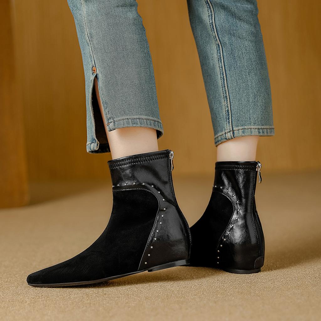 Inner heightening pointed short boots women's autumn and winter new suede splicing retro versatile comfortable commuting simple thin boots