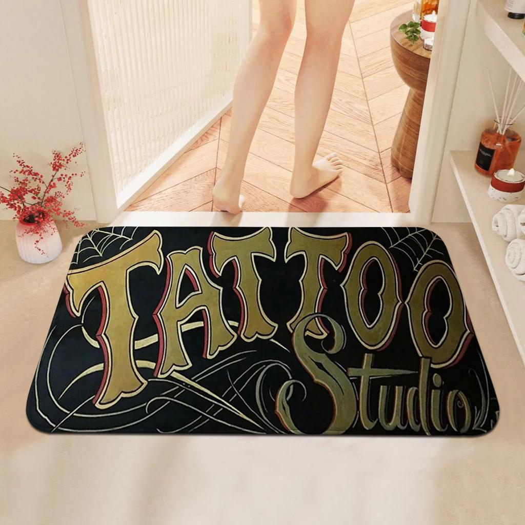 VIKAMA Tattoo Studio Retro Style Doormat Non-Slip Scratch-Resistant Entry Porch Mat Living Room Bedroom Carpet Home Decoration