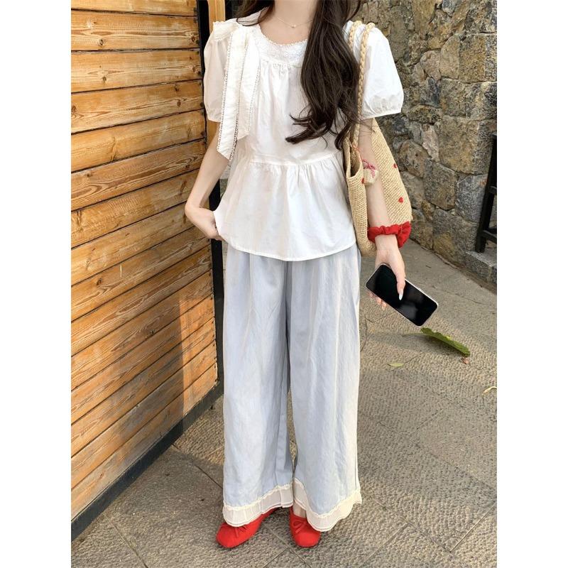 New White Bow Lace Puff Sleeve Shirt for Women Summer Design Pleated Strappy Shirt Women's Top Summer