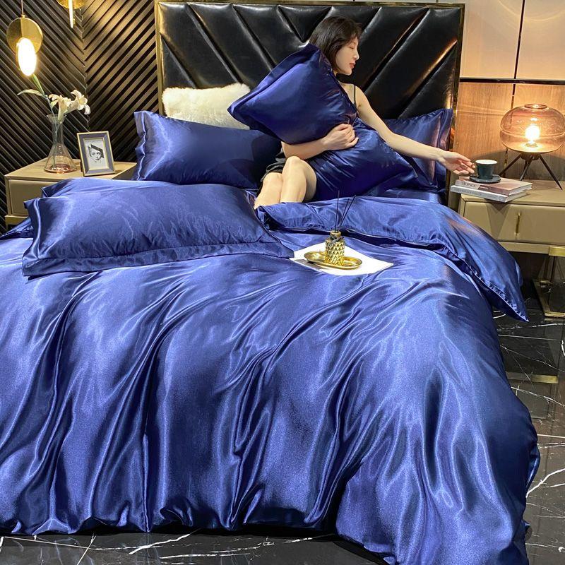 Solid Rayon Silk Bedding Set with Duvet Cover Bed Sheet Pillowcases Luxury King Single Double Couple Satin Pillow Case Bedsheet