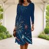 Women Plus Size Round Neck Long Sleeve Firework Printed Navy Blue A Line Midi Dress