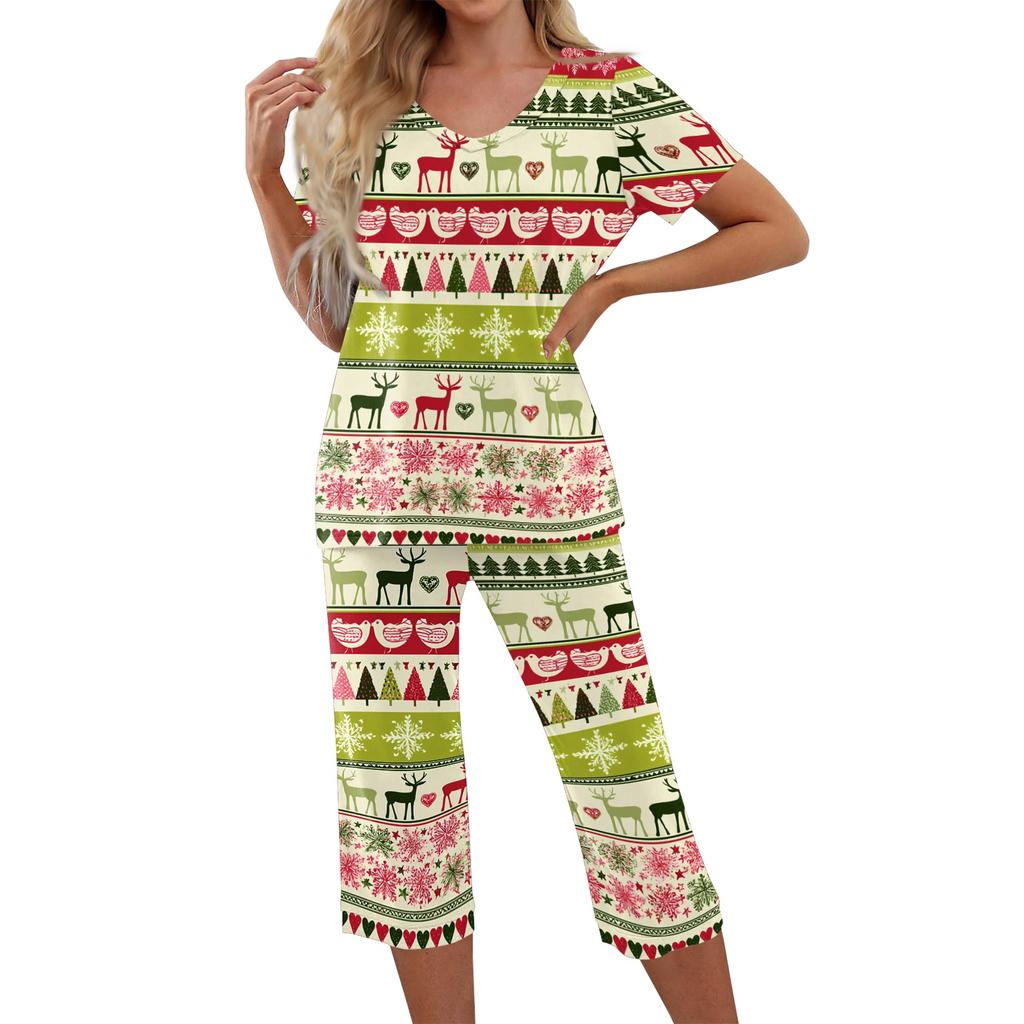 Women's Casual Two Piece Outfit Set Christmas Print Short Sleeve Pants