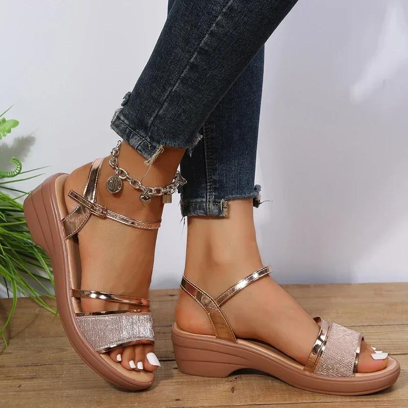 2024 Wedges Sandals for Women 4.5cm Heels Golden Platform Women's Sandals Summer Shoes Chaussures Femme Sandales Size 43 Slides
