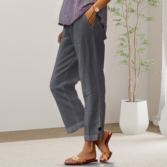 Women Pants Elastic Mid-rise Loose Trousers with Pockets Fit Casual Pure Color Straight Leg Long Pants