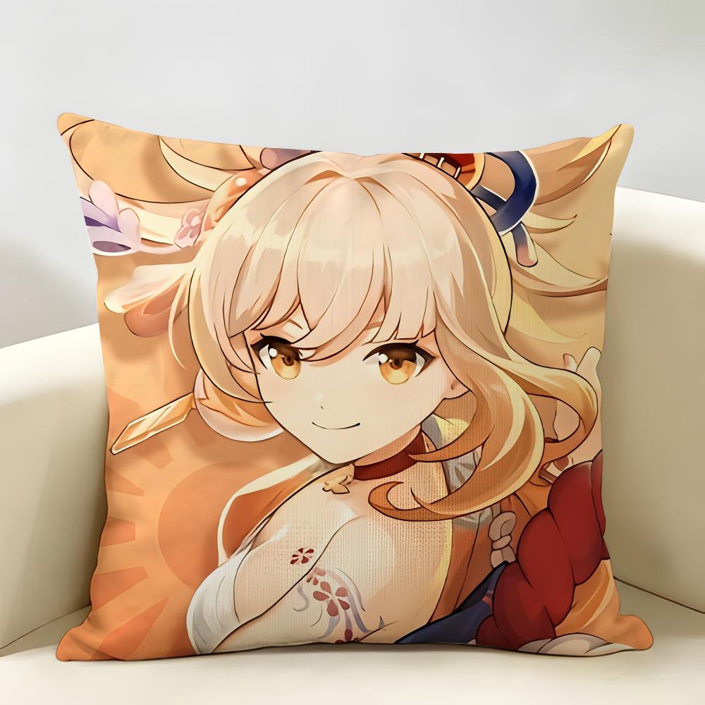 Yoimiya Genshin Impact Cushion Cover Natural Linen Organic Fabric DoubleSided Printing Room Sofa Decor Pillow Case