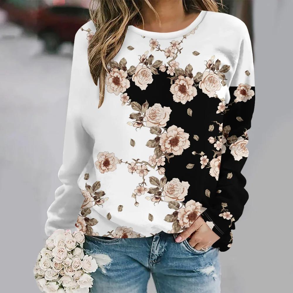 Round neck long sleeved printed elegant casual streetwear