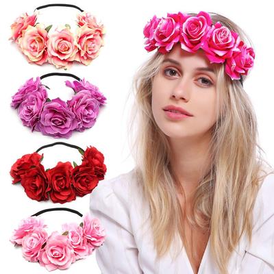 Bohemia Women Hair Accessories Wedding Hairband Bridal Headwear Rose Flower Garland Elastic Wreath Headband Fashion Headpiece