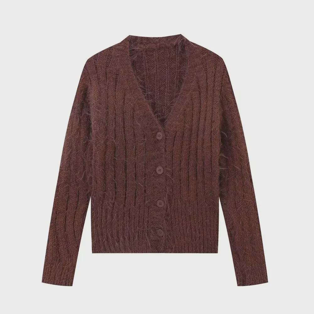 Women's Autumn V-Neck Knitted Cardigan - Soft, Gentle Style, Slim Fit Sweater Jacket
